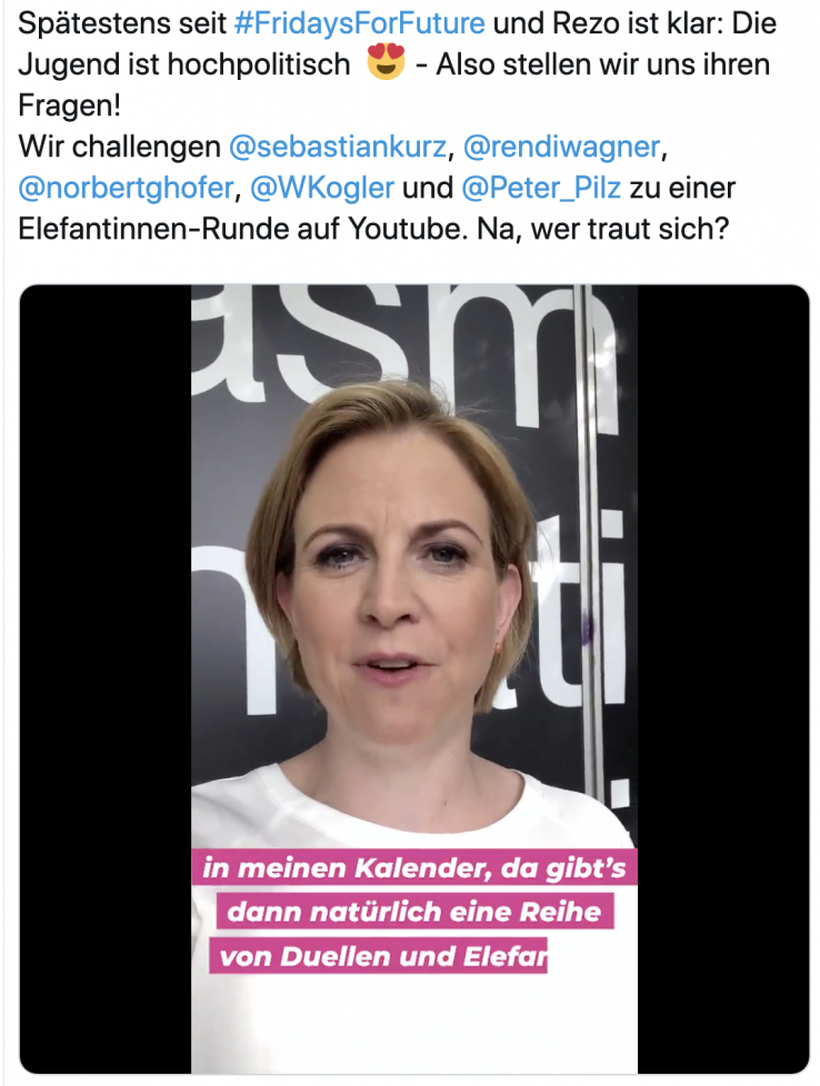 Auf spektakuläre Weise fordert Beate Meinl-Reininger Politiker-Kolleg/innen zum Duell auf YouTube